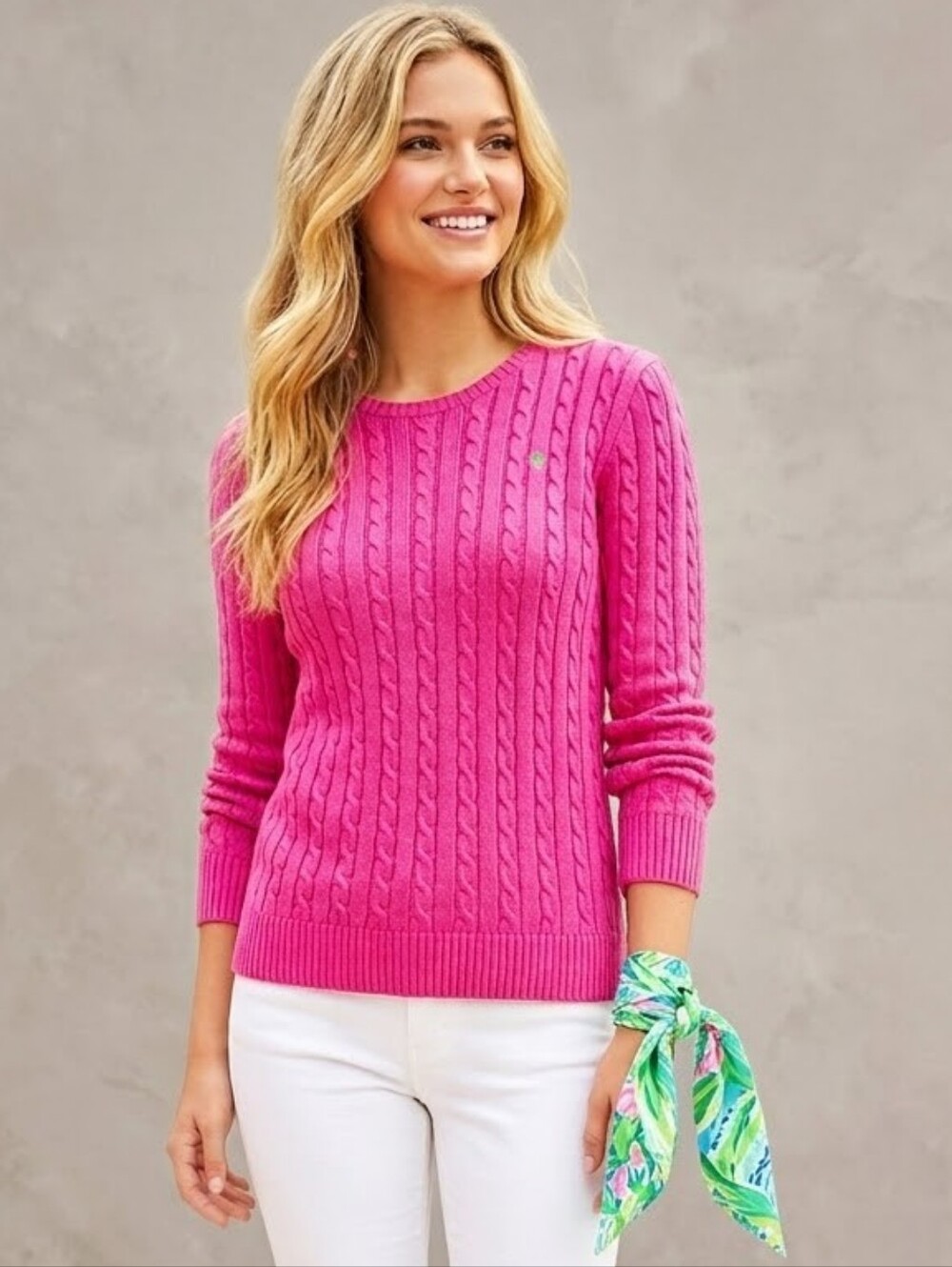 Lilly Pulitzer Pink Cable Knit Crew Sweater 100% Cotton Women's Medium Preppy